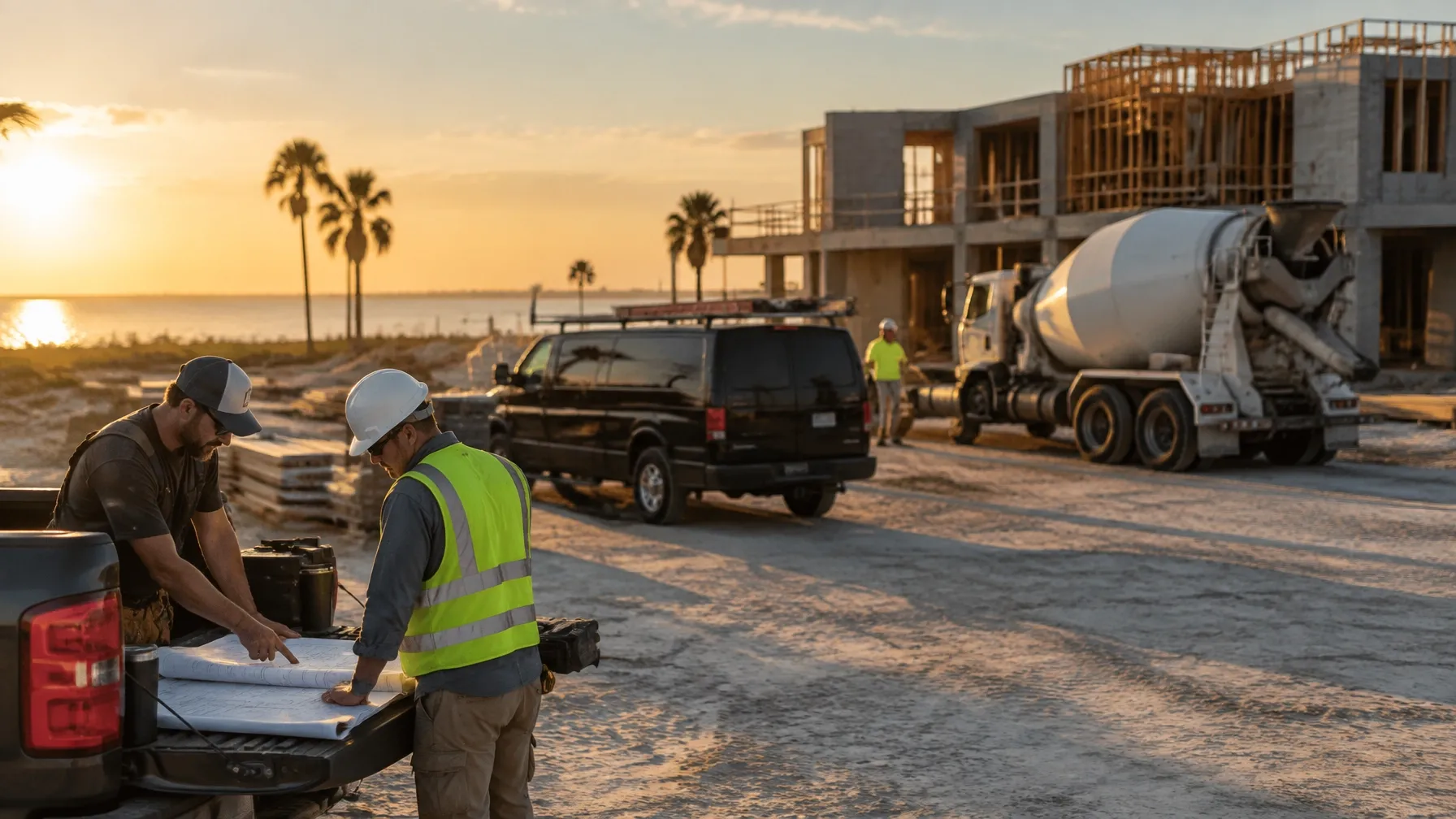 Commercial trades crew with a ready-mix truck and service van at a Southwest Florida job site